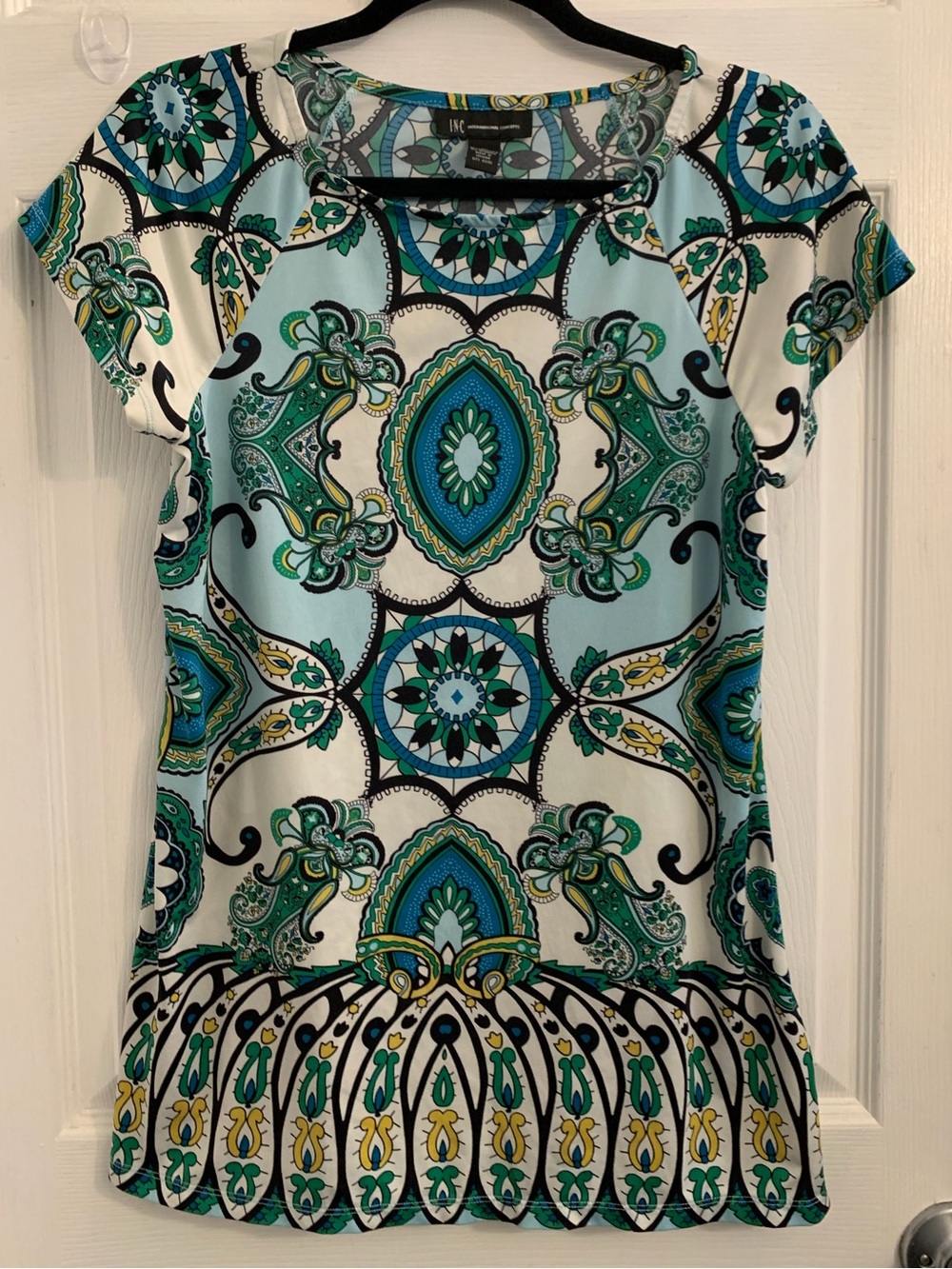 INC International Concepts Teal, Turquoise
peacock Cap-Sleeve Top. Size Small